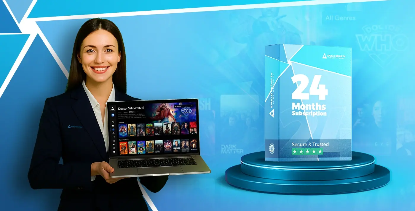 Smiling woman holding laptop with Apollo Group TV App showing movies, next to Apollo Group TV 24 Months Subscription box – best IPTV subscription in HD/4K.