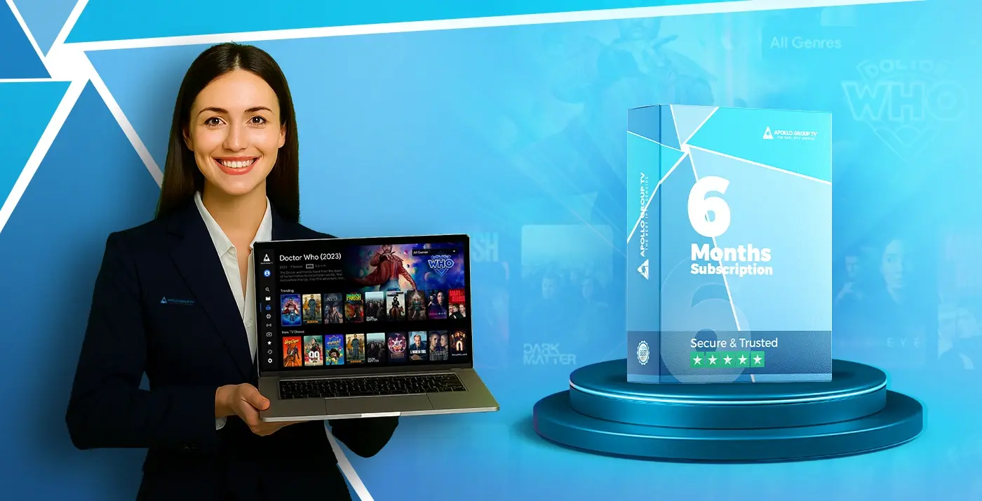 Smiling woman holding laptop with Apollo Group TV App showing movies, next to Apollo Group TV 6 Months Subscription box – best IPTV subscription in HD/4K.