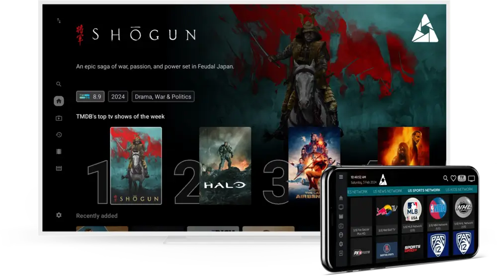 Apollo Group TV streaming interface displayed on Smart TV with Shogun series and mobile app showing IPTV channels and sports content.