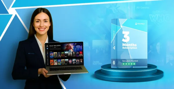 Smiling woman holding laptop with Apollo Group TV App showing movies, next to Apollo Group TV 3 Months Subscription box – best IPTV subscription in HD/4K.
