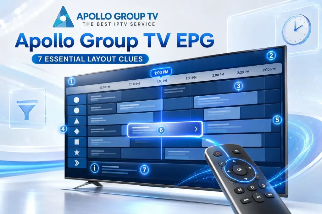 Apollo Group TV EPG layout showing the timeline, program grid, selection highlight and remote navigation