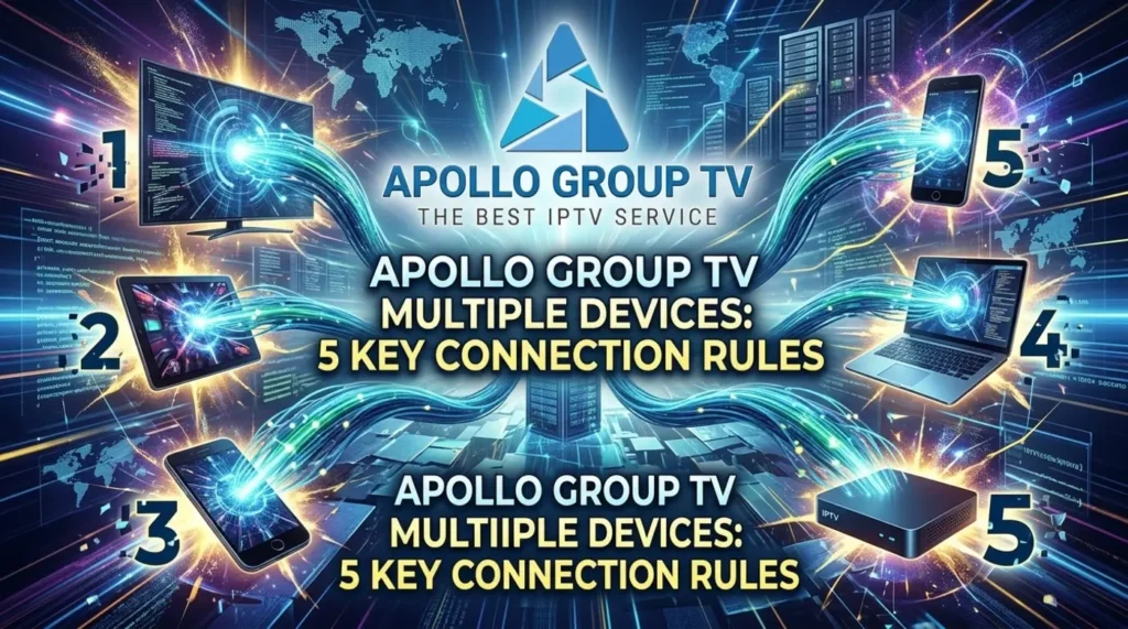 Apollo Group TV multiple devices guide screen showing live television schedule and channel list.