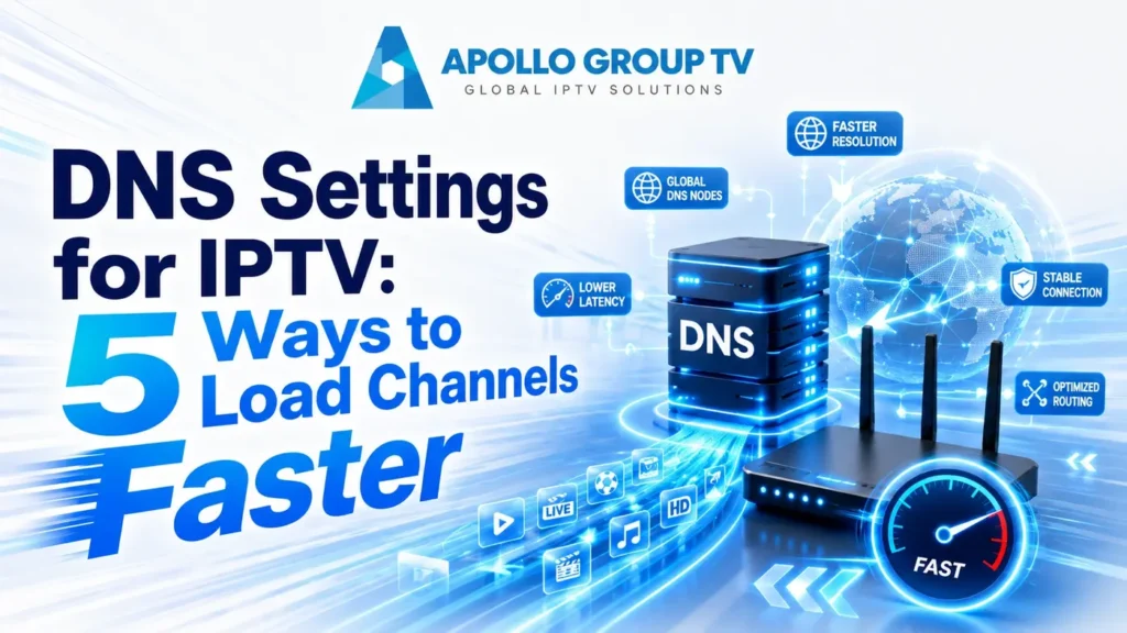 DNS Settings for IPTV showing 5 ways to load channels faster with optimized DNS and network routing