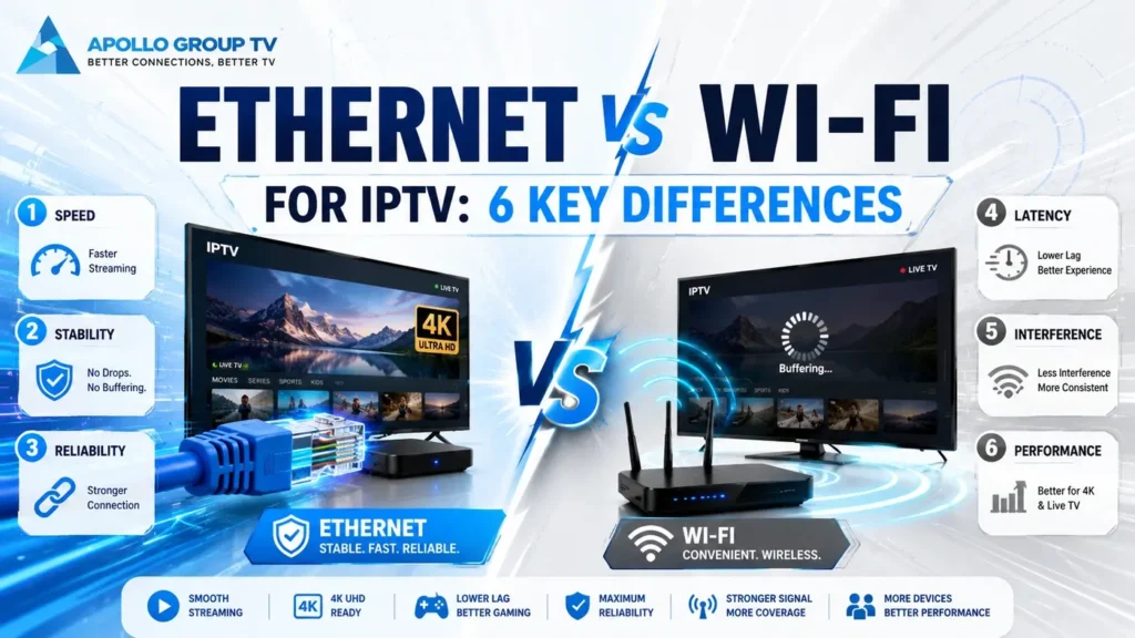 Ethernet vs WiFi for IPTV in speed, stability, latency, interference, reliability and streaming performance