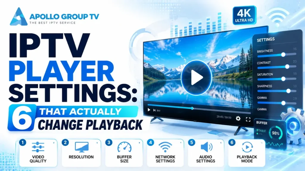 IPTV player settings that actually change playback, including video quality, resolution, buffer size, network, audio and playback mode