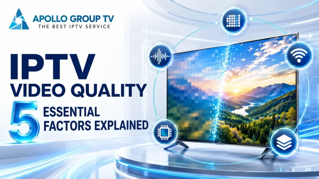 IPTV video quality comparison showing five essential factors around a crystal-clear TV screen.