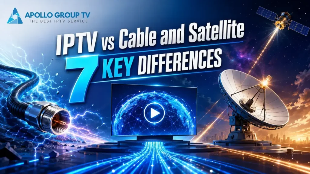 IPTV vs Cable and Satellite comparison showing a smart TV, coaxial cable and satellite dish