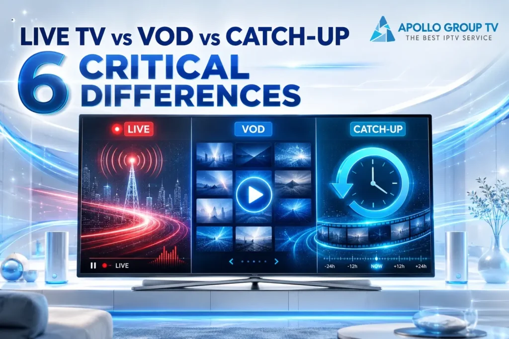 Live TV vs VOD vs Catch-Up displayed on a television comparison screen
