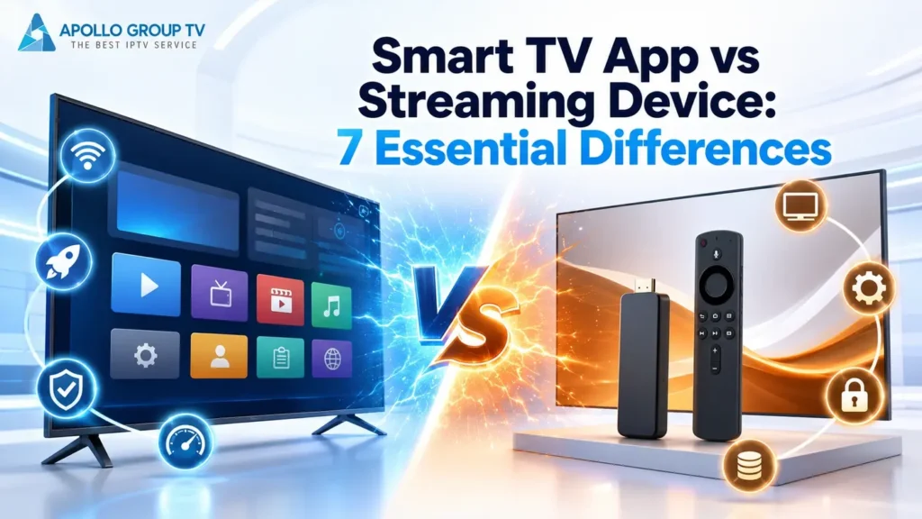 Smart TV app vs streaming device comparison showing built-in apps and an external streaming stick