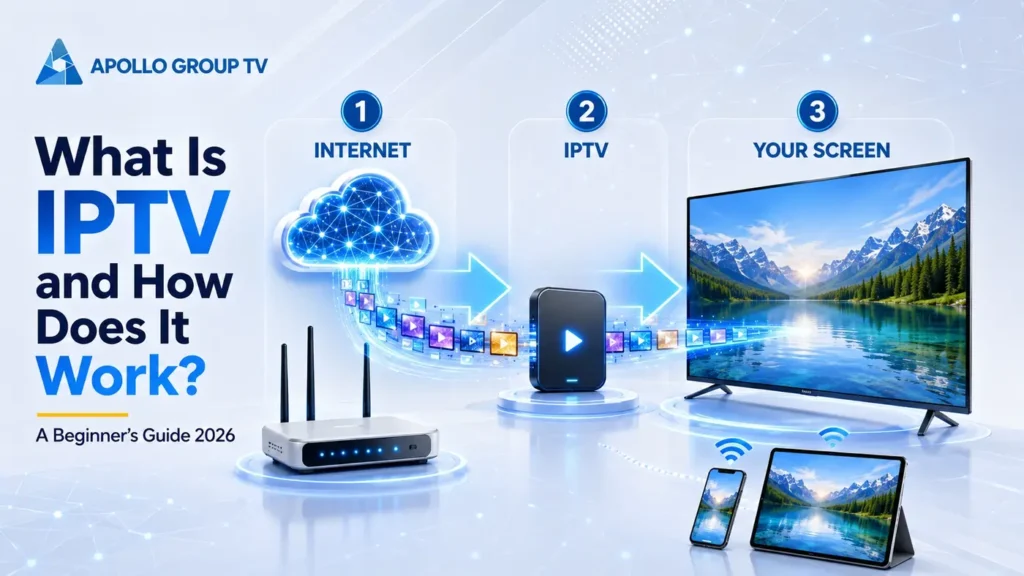 What is IPTV and how does it work – beginner diagram showing internet content passing through an IPTV device to a TV and mobile screens.