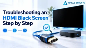 HDMI black screen troubleshooting illustration showing a TV with a blank display, an HDMI cable, and a streaming device.
