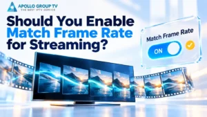 TV displaying successive video frames beside an enabled match frame rate toggle.