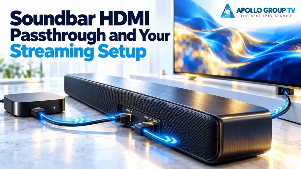 Streaming device connected to a TV through soundbar HDMI passthrough, with blue highlights along the cables.