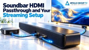 Streaming device connected to a TV through soundbar HDMI passthrough, with blue highlights along the cables.