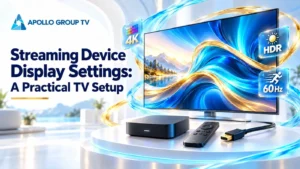 Streaming device display settings illustrated with a TV, streaming box, remote, HDMI cable, and 4K and HDR badges.